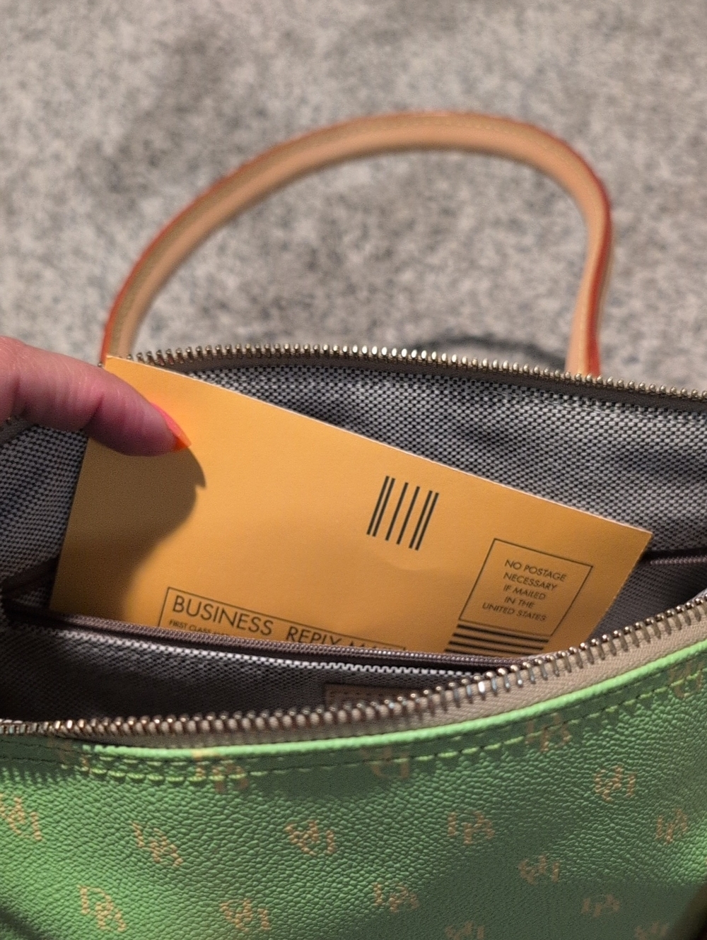 Dooney And Bourke Green Monogram Satchel Handbag with Tan Trim - Picture 7 of 10